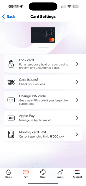 Yuh Card-Einstellungsansicht