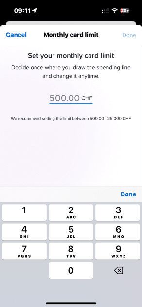 Yuh-Karteneinstellungen – Monatliches Limit