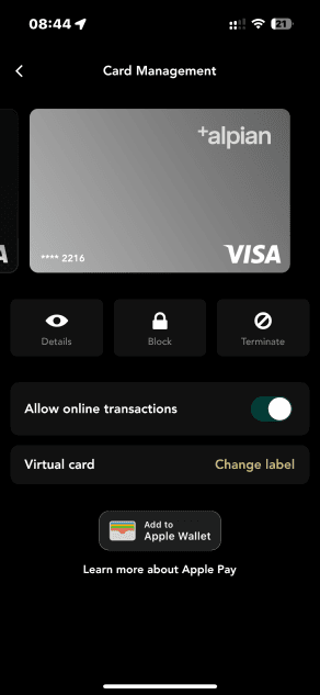 Alpian virtual bankkarte