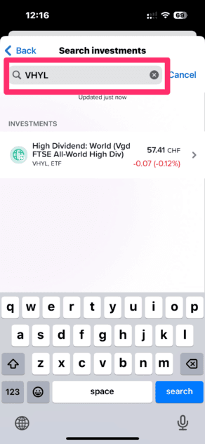 Yuh Sparplan Suchfunktion ISIN