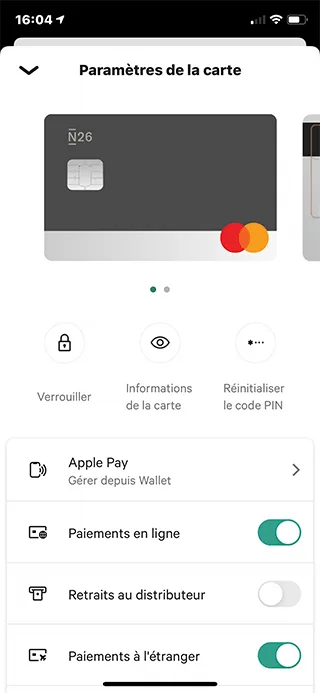N26 Card Settings