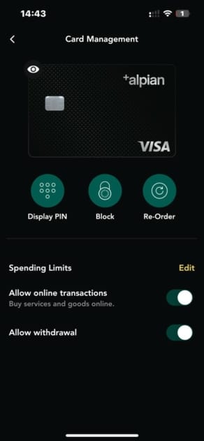 Alpian card settings 1