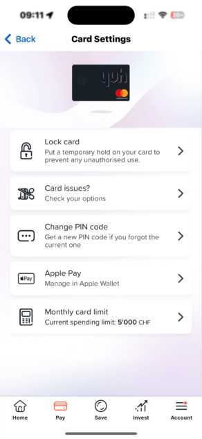 Yuh Card Settings View