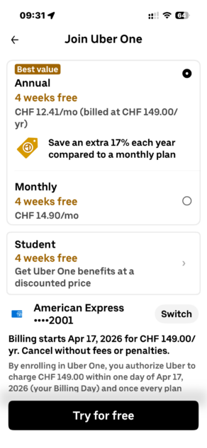 Uber One in Switzerland - Benefits