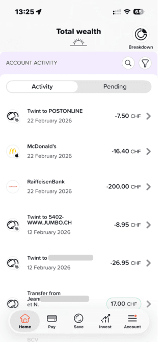 Yuh - Vue des transactions